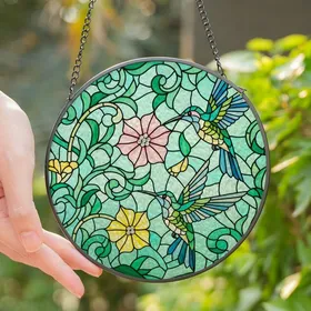 Nature Lovers' Edge-to-Edge Jewel Tone Hummingbirds Pink Blossom Stained Glass Botanical Mosaic Stained Glass Suncatcher