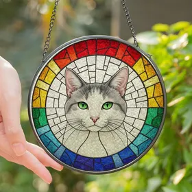 Cat Lovers' Intricate Stained Glass White Cat Emerald Eyes Rainbow Mosaic Tiffany Art Pattern Stained Glass Suncatcher