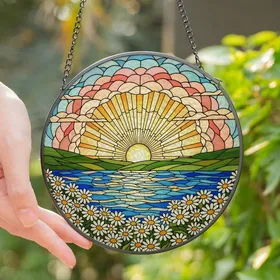 Nature Lovers' Intricate Tiffany Stained Glass Sun & Daisy Mosaic Art with Jewel Tones Stained Glass Suncatcher