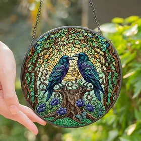 Art Aficionados' Stained Glass Ravens Embrace Tiffany Style Teal Purple Jewel Tone Forest Mosaic Stained Glass Suncatcher