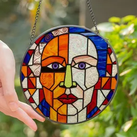 Abstract Art Lovers' Tiffany Stained Glass Cubist Face Vibrant Orange Purple Crimson Edge-to-Edge Mosaic Stained Glass Suncatcher