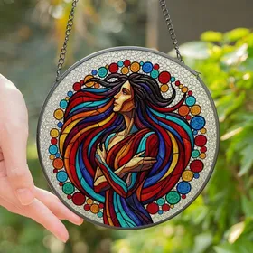 Art Lovers' Vibrant Tiffany Stained Glass Abstract Figure Jewel Tone Curvilinear Mosaic Stained Glass Suncatcher