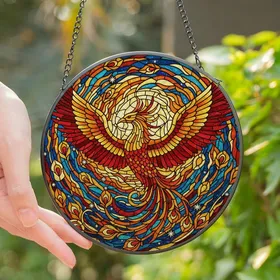 Mythical Creature Fans' Majestic Phoenix Tiffany Stained Glass Fiery Gold Red Blue Teal Celestial Mosaic Stained Glass Suncatcher