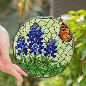 Art Lovers' Jewel-Toned Bluebonnet Butterfly Tiffany Stained Glass Mosaic Stained Glass Suncatcher