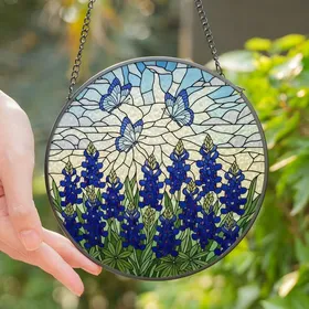 Nature Lovers' High Contrast Stained Glass Bluebonnet Butterfly Mosaic Jewel Tone Art Stained Glass Suncatcher