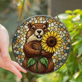 Nature Lovers' Smiling Groundhog Stained Glass Art, Vibrant Sunflower Tiffany Style Mosaic Stained Glass Suncatcher