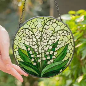 Nature Lovers' Emerald Green White Tiffany Stained Glass Lily of the Valley Mosaic Stained Glass Suncatcher
