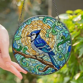 Nature Lovers' Majestic Blue Jay Stained Glass Art Mosaic with Cobalt Blue Jewel Tones Stained Glass Suncatcher