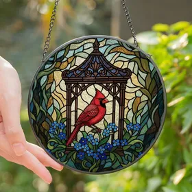 Nature Lovers' Radiant Stained Glass Cardinal & Forget-Me-Nots Jewel Tone Mosaic Stained Glass Suncatcher