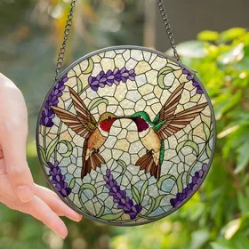 Nature Lovers' Vibrant Stained Glass Hummingbirds Lavender Ruby Emerald Violet Mosaic Stained Glass Suncatcher