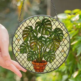 Plant Lovers' Vibrant Green Monstera Plant Terracotta Pot Tiffany Stained Glass Geometric Mosaic Stained Glass Suncatcher