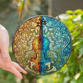 Art & Music Lovers' Tiffany Stained Glass Violin Warm Amber Cool Blue Intricate Floral Mosaic Stained Glass Suncatcher