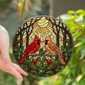 Nature Lovers' Vibrant Red Orange Cardinal Pair Stained Glass Tiffany Style Mosaic Stained Glass Suncatcher