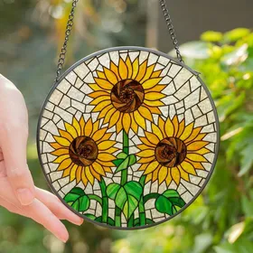 Art Enthusiasts' Vibrant Stained Glass Sunflowers Yellow Green Tiffany Style Mosaic Art Stained Glass Suncatcher