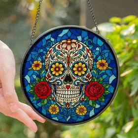 Art Lovers' Vibrant Stained Glass Sugar Skull Intricate Floral Calavera Marigold Rose Mosaic Pattern Stained Glass Suncatcher