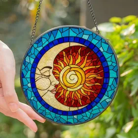 Celestial Art Lovers' Serene Crescent Moon Sun Embrace Tiffany Stained Glass Intricate Mosaic Blue Orange Red Jewel Tones Stained Glass Suncatcher