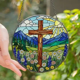 Nature Enthusiasts' Tiffany Stained Glass Rustic Cross Wildflower Meadow Blue Green Mountain Scene Stained Glass Suncatcher