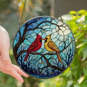 Nature Lovers' Vibrant Tiffany Stained Glass Cardinals Winter Moonlit Landscape Mosaic Stained Glass Suncatcher