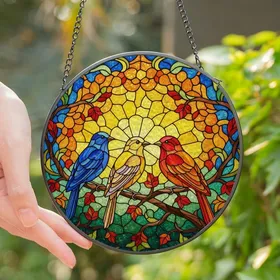 Nature Lovers' Tiffany Stained Glass Mosaic Three Vibrant Birds Perched Autumn Foliage Brilliant Jewel Tones Stained Glass Suncatcher