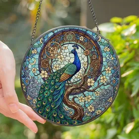 Art Lovers' Intricate Stained Glass Peacock Steampunk Jewel Tone Floral Celestial Stained Glass Suncatcher
