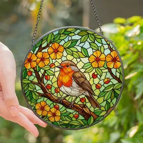 Nature Lovers' Vibrant Tiffany Style Stained Glass European Robin Floral Mosaic Stained Glass Suncatcher