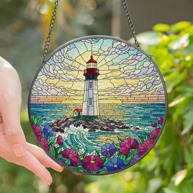 Coastal Art Enthusiasts Tiffany Stained Glass Lighthouse Sunset Ocean Flowers Vibrant Jewel Tones Stained Glass Suncatcher