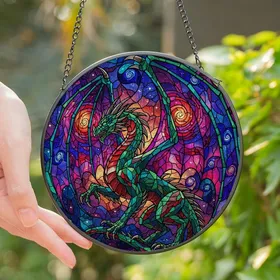 Fantasy Lovers' Majestic Stained Glass Dragon Nebula Cosmic Jewel Tone Art Stained Glass Suncatcher
