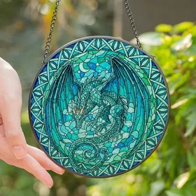Dragon Art Lovers' Intricate Tiffany Style Stained Glass Dragon Teal Sapphire Emerald Aqua Mosaic Stained Glass Suncatcher