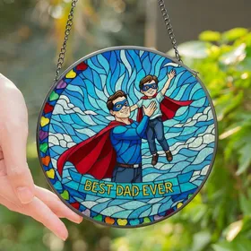 Proud Dads' Father & Child Hero Tiffany Stained Glass Vibrant Jewel Tones Ethereal Blue Sky Rainbow Hearts Best Dad Ever Stained Glass Suncatcher