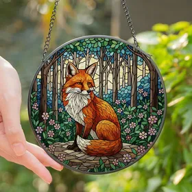Nature Lovers' Majestic Fiery Orange Fox Tiffany Stained Glass Forest Floral Mosaic Stained Glass Suncatcher