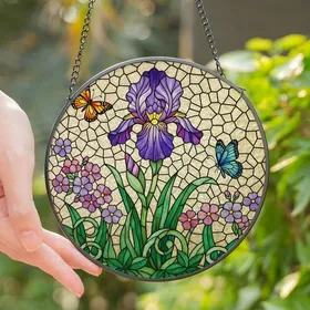 Nature Lovers' Tiffany Style Purple Blue Iris Flower Butterfly Mosaic Art Stained Glass Suncatcher