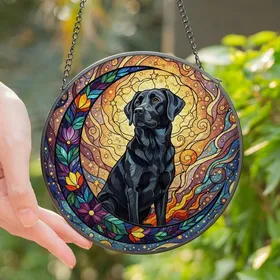 Dog Lovers' Intricate Tiffany Stained Glass Black Labrador Cosmic Stars Moon Floral Jewel Tones Stained Glass Suncatcher