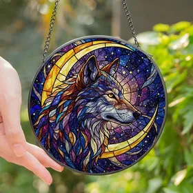 Nature Lovers' Majestic Stained Glass Wolf Head Golden Moon Cosmic Mosaic Jewel Tones Stained Glass Suncatcher