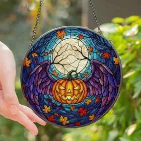 Autumn Art Fans Grinning Jack-o'-lantern Stained Glass Bat Wings Full Moon Orange Purple Teal Mosaic Stained Glass Suncatcher