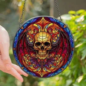 Bold Style Enthusiasts Vibrant Stained Glass Skull Bat Wings Mosaic Jewel Tones Organic Geometric Pattern Stained Glass Suncatcher