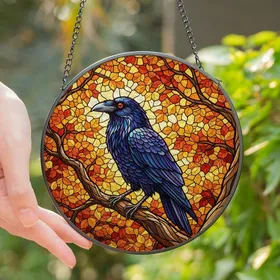 Fantasy Art Lovers' Intricate Tiffany Stained Glass Raven Glowing Eye Autumn Jewel Tone Stained Glass Suncatcher