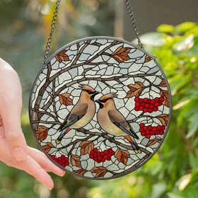 Nature Lovers' Stained Glass Bohemian Waxwing Birds Ruby Red Berry Winter Branches Mosaic Stained Glass Suncatcher