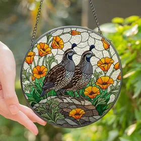 Nature Lovers' Vibrant Stained Glass California Quail Poppies Edge-to-Edge Mosaic Stained Glass Suncatcher