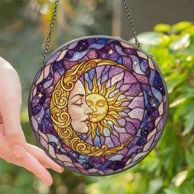 Celestial Art Lovers' Tiffany Stained Glass Moon Goddess Golden Sun Cosmic Galaxy Mosaic Deep Purples Blues Stained Glass Suncatcher