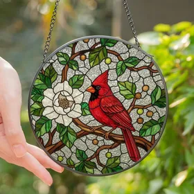 Nature Lovers' Vibrant Red Cardinal Bird Tiffany Stained Glass Mosaic, White Floral & Green Leaf Pattern Stained Glass Suncatcher