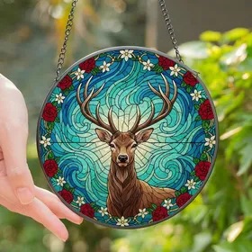 Nature Lovers' Majestic Stag Stained Glass Ruby Rose Teal Aquatic Jewel Tone Art Stained Glass Suncatcher