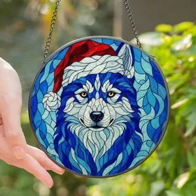 Winter Dog Lovers' Vibrant Tiffany Stained Glass Siberian Husky Blue Red Gold Santa Hat Mosaic Stained Glass Suncatcher
