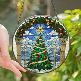 Holiday Admirers' Jewel Tone Stained Glass Christmas Tree Holly Garland Snowy Peaks Stained Glass Suncatcher