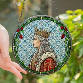 Art Aficionados' Regal Woman Profile Tiffany Stained Glass Jewel Tone Red Gold Green Blue Intricate Mosaic Stained Glass Suncatcher