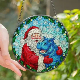 Christmas Enthusiasts' Joyful Santa & Blue Hippo Tiffany Stained Glass, Emerald Holly & Snowflake Mosaic Stained Glass Suncatcher