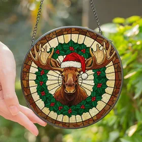 Holiday Art Lovers' Tiffany Style Stained Glass Moose Santa Hat Christmas Wreath Radial Mosaic Stained Glass Suncatcher