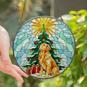 Golden Retriever Lovers' Tiffany Stained Glass Christmas Dog Festive Jewel Tone Radiant Star Stained Glass Suncatcher