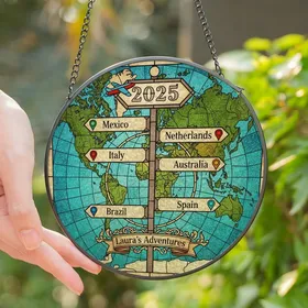 Travelers' Intricate Stained Glass World Map 2025 Adventure Destinations Tiffany Mosaic Art Stained Glass Suncatcher