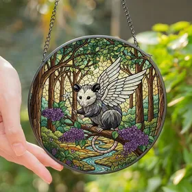 Fantasy Art Lovers' Whimsical Winged Opossum Stained Glass Enchanted Forest Mosaic Design Stained Glass Suncatcher