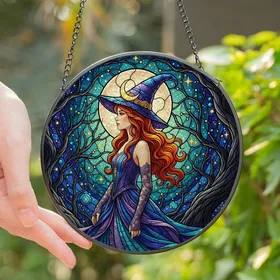 Fantasy Art Lovers' Stained Glass Mystical Witch with Fiery Orange Hair, Jewel Tone Night Sky Mosaic Stained Glass Suncatcher